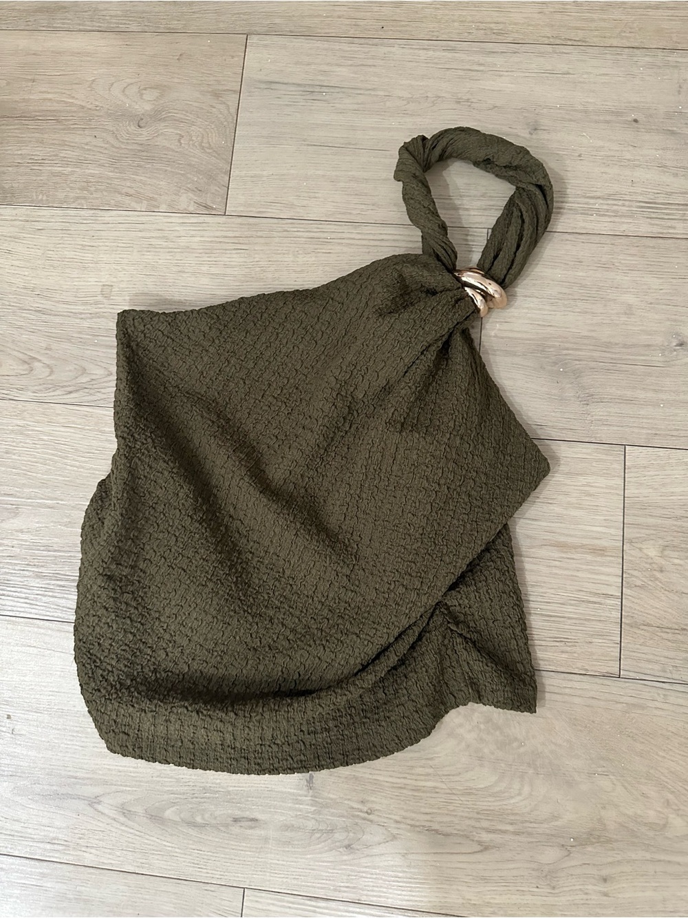 H&M Olive Green Textured One-Shoulder Tank Top with Ring Detail
